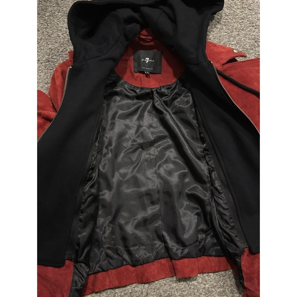 7 For All Mankind Leather Suede Moto Jacket Removeable Hood Women’s Small Red